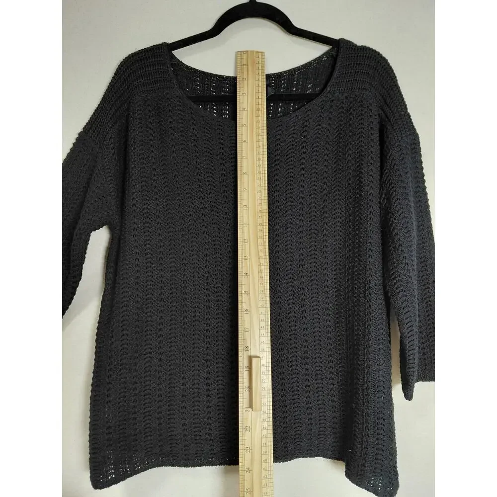 Ann Taylor Black Open Knit Scoop Neck 3/4 Sleeve Sweater Women Size L